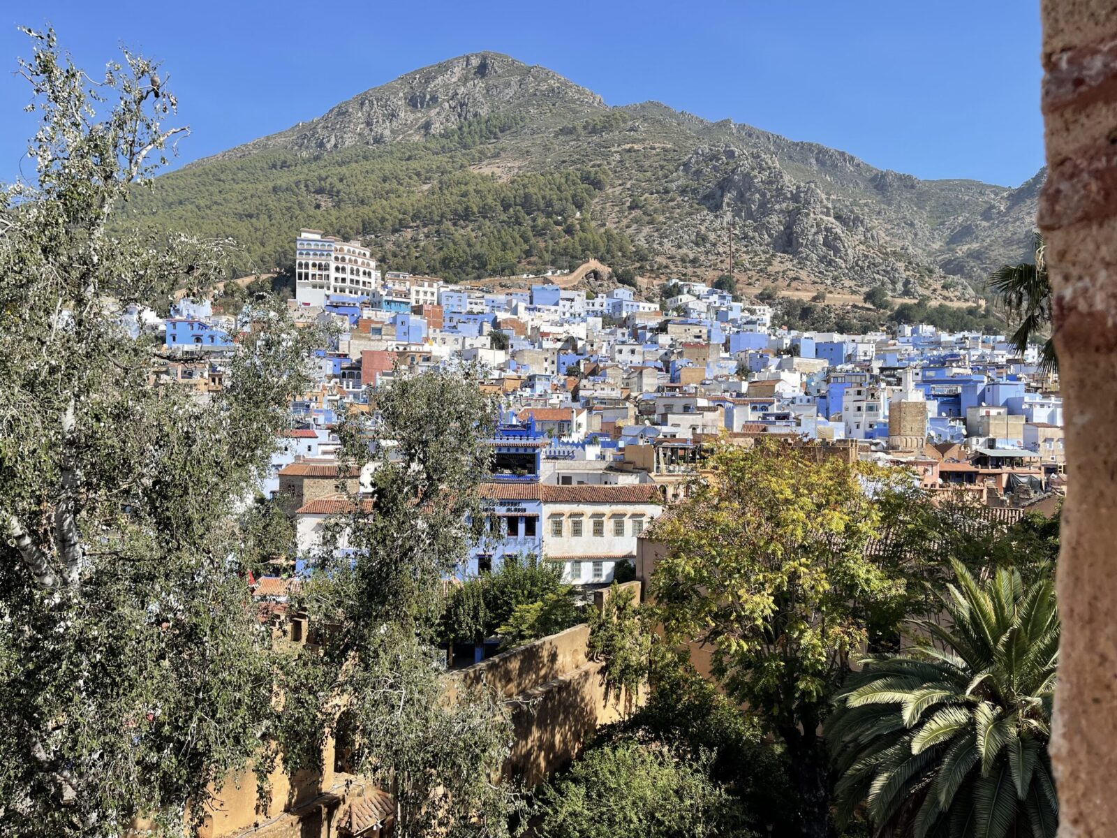 Blue and white buildings on a mountainside