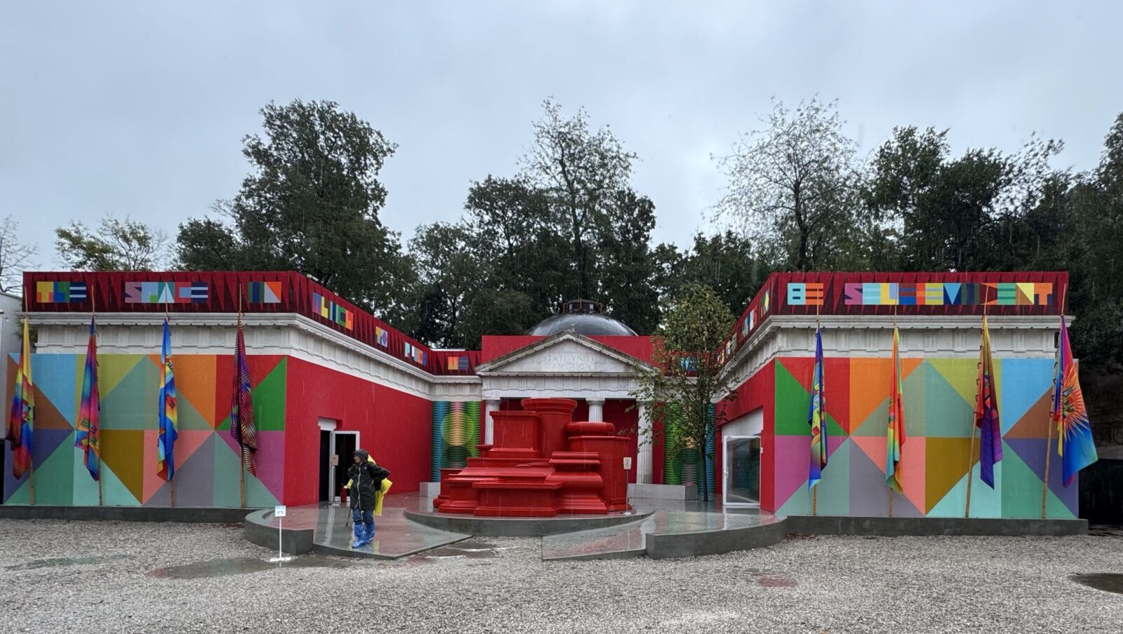 brightly painted buildings of the USA Pavilion in Venice 2024
